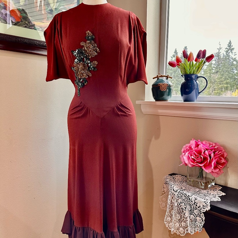 Russet Draped Crepe Cocktail  Dress w/Sequin Applique by Max Kopp Vtg 1940 - S